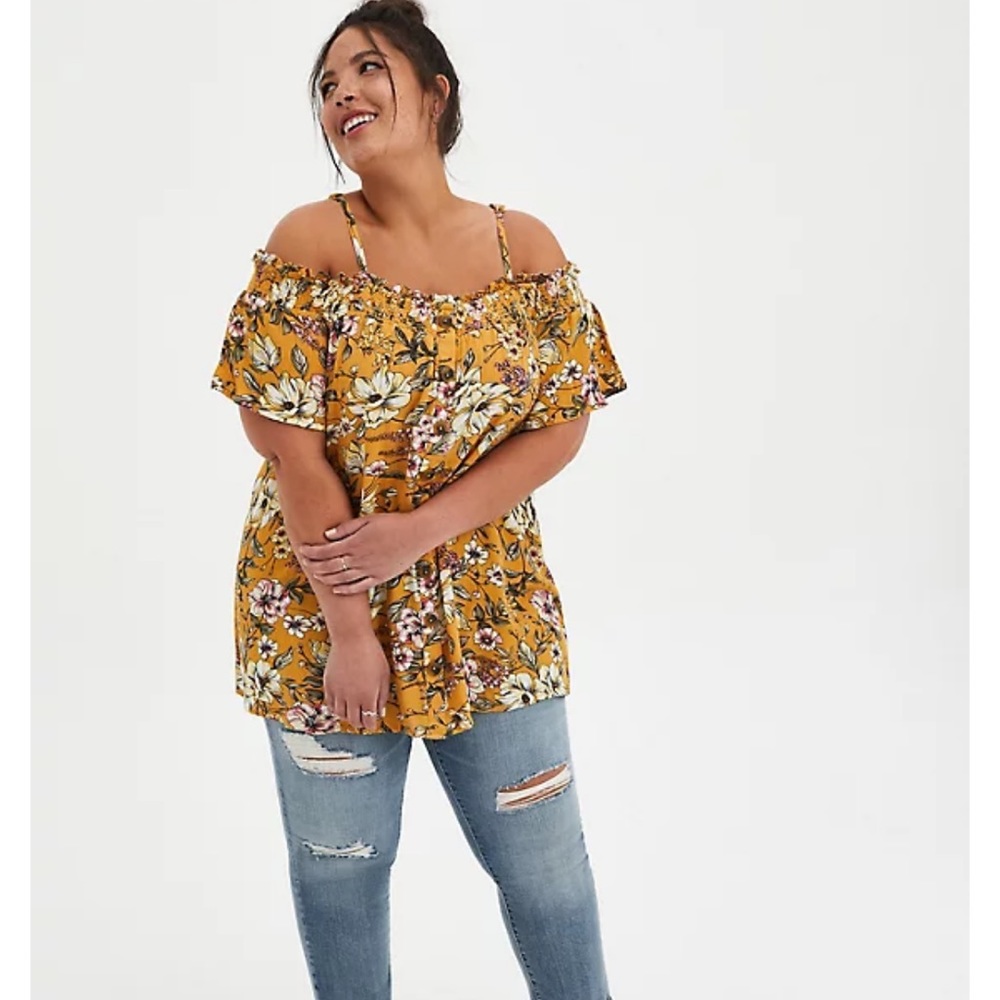 TORRID YELLOW FLORAL GAUZE SMOCKED COLD SHOULDER BLOUSE